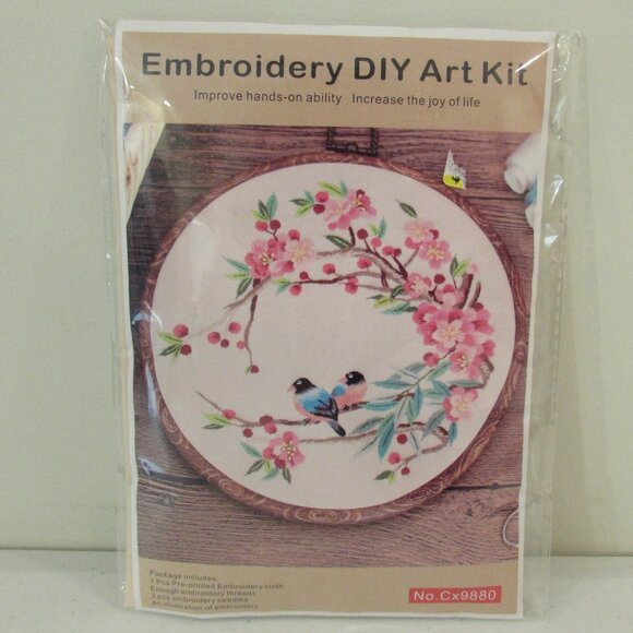 DIY Embroidery Art Kit Cream Birds Cherry Blossoms New - Picture 1 of 9